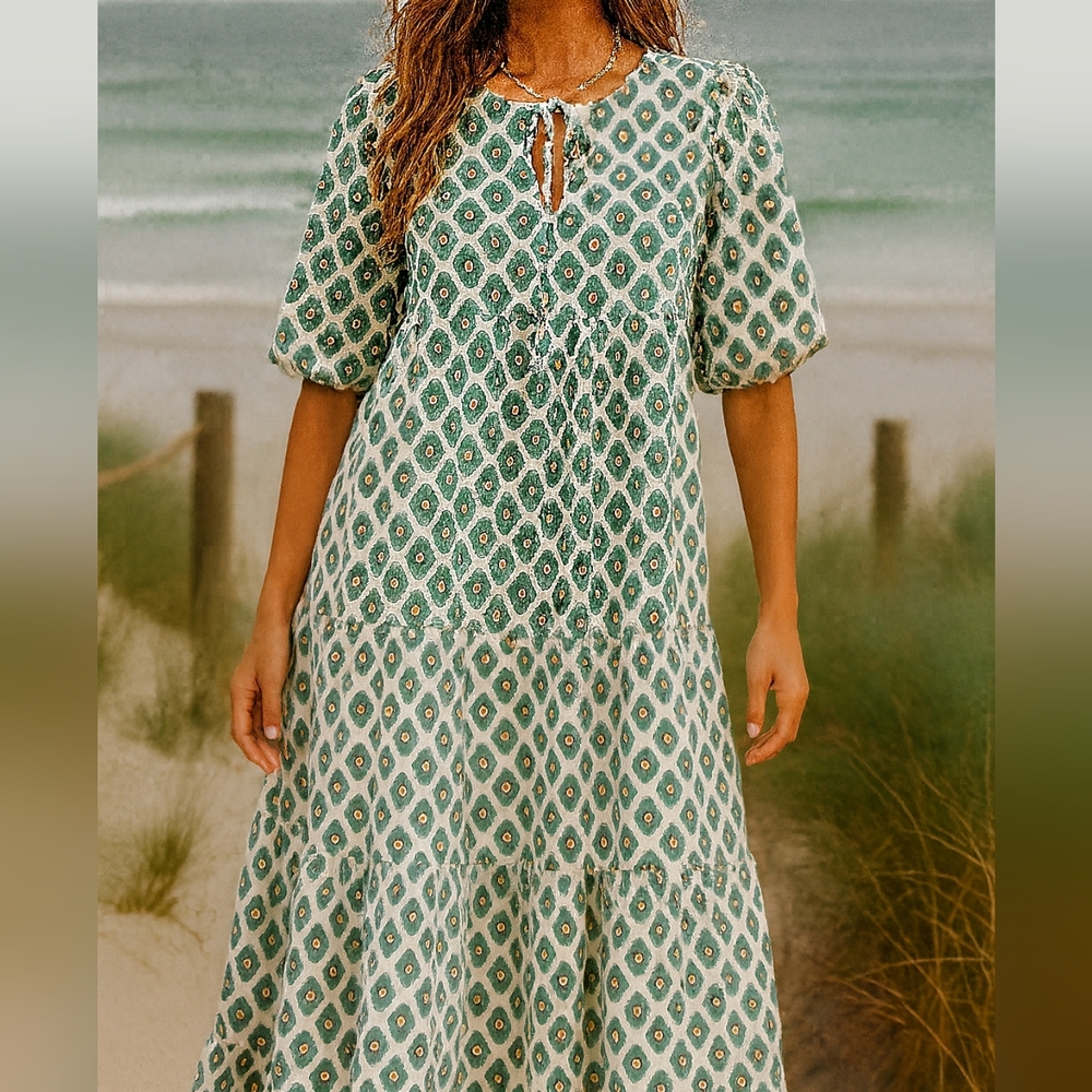NEW Women's Geometric Graphic Puff Sleeve Maxi Dress